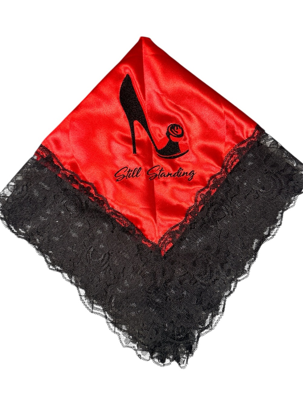 Red Satin Embroidered Still Standing Church Handkerchief Black Lace Trim